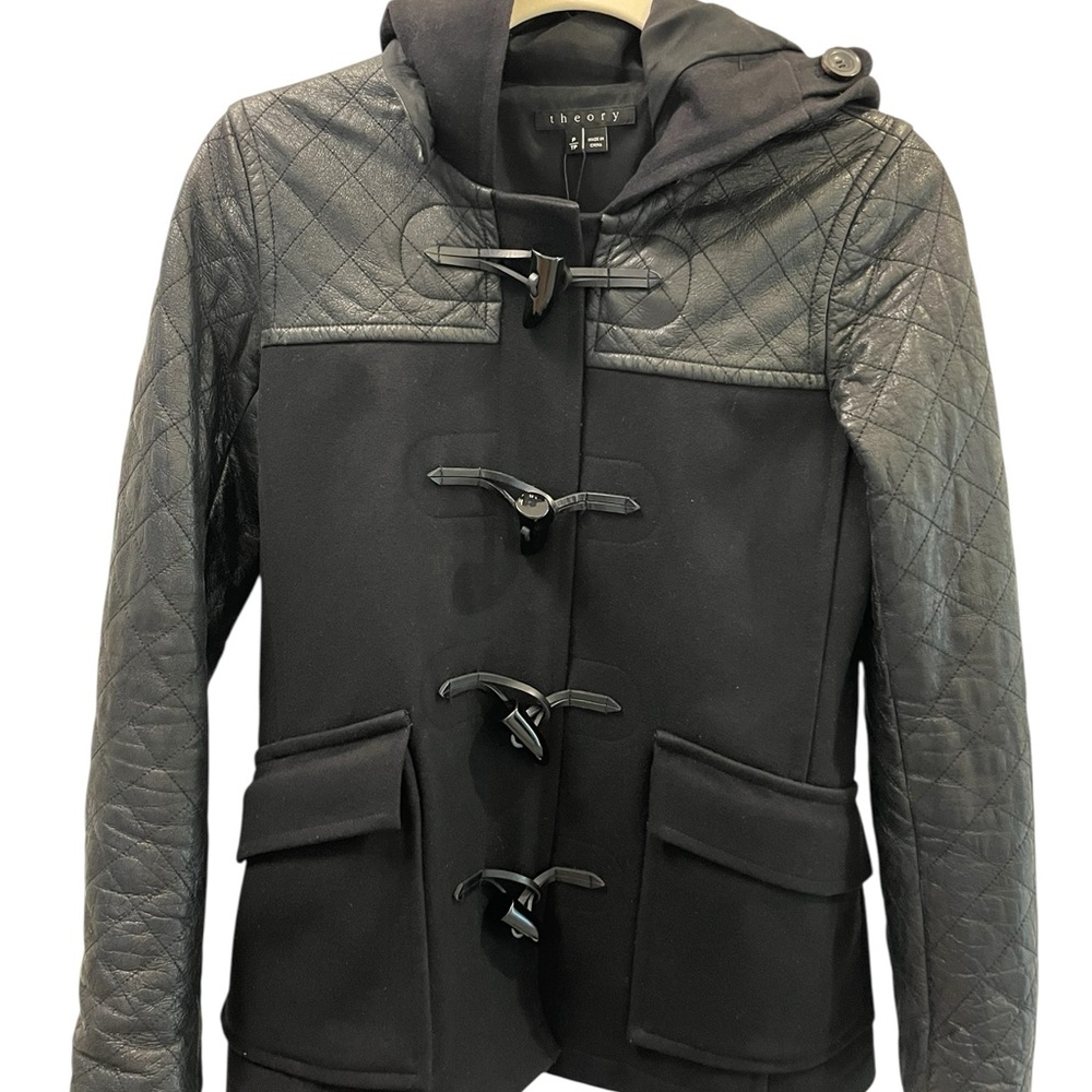 Theory NWT Hooded Marimba Wool Coat with Leather Sleeves Size Small - Picture 5 of 16